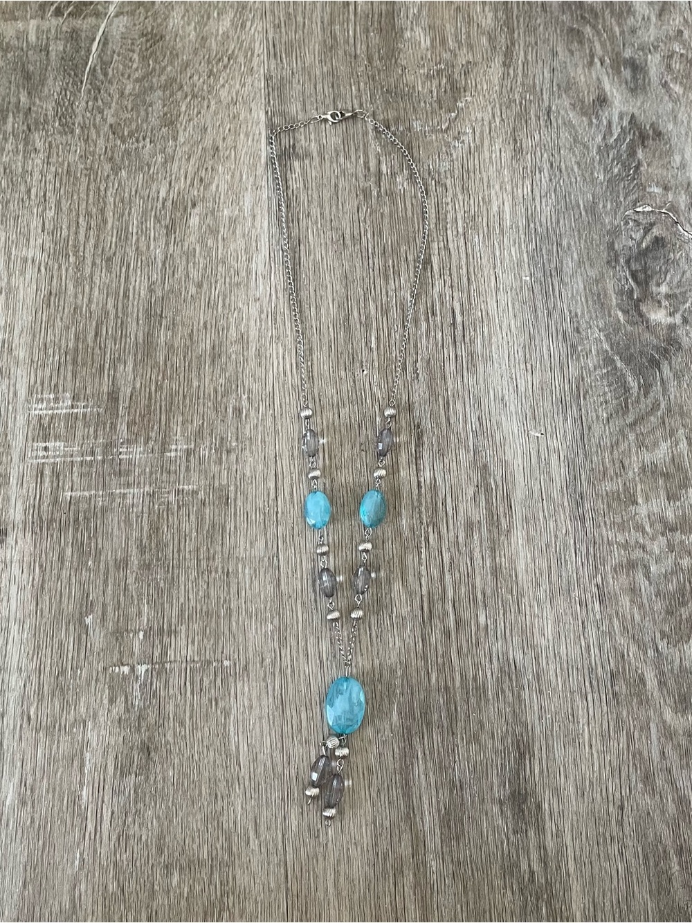 Silver Tone Turquoise Blue & Gray Beaded Long Necklace Layered Statement